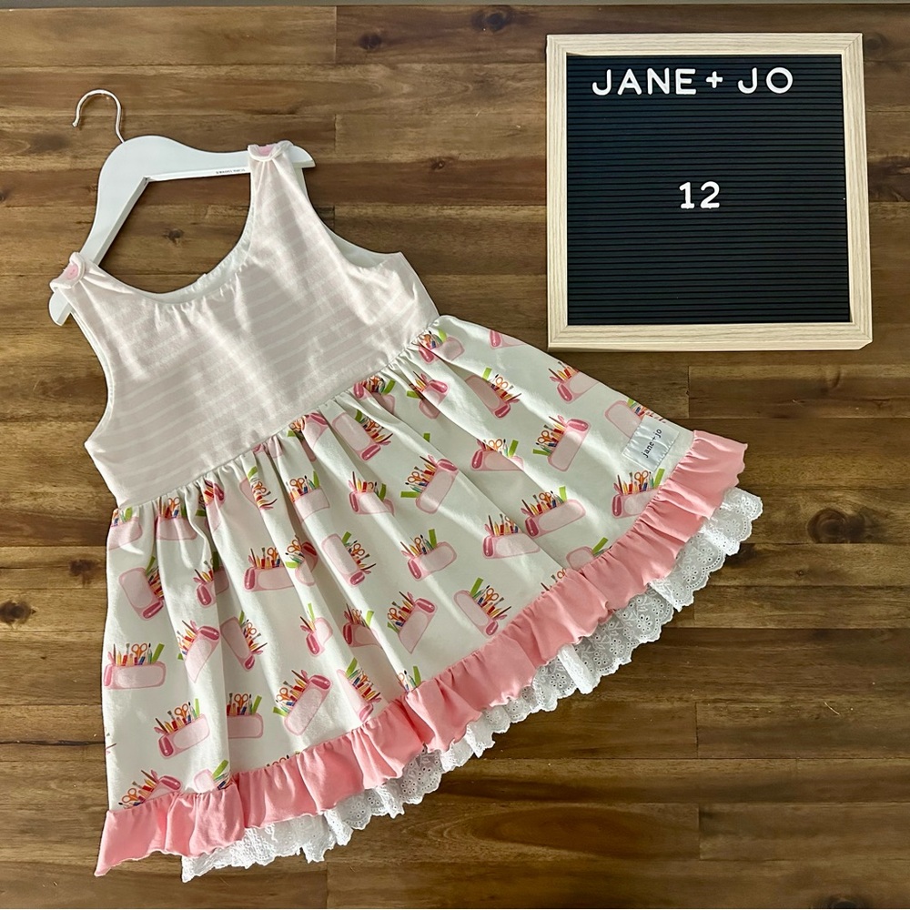 Jane + Jo Sleeveless Knit Emma Art Class Top Pink Cream Stripes Cotton Lace 12